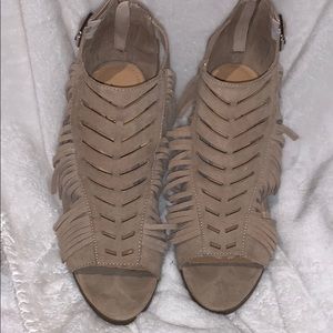 Open toe fringe tan heels